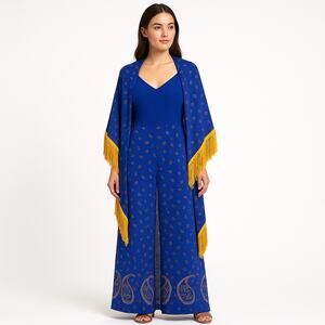 1970s Alfred Shaheen Blue Paisley Jumpsuit Set w Fringe Shawl medium